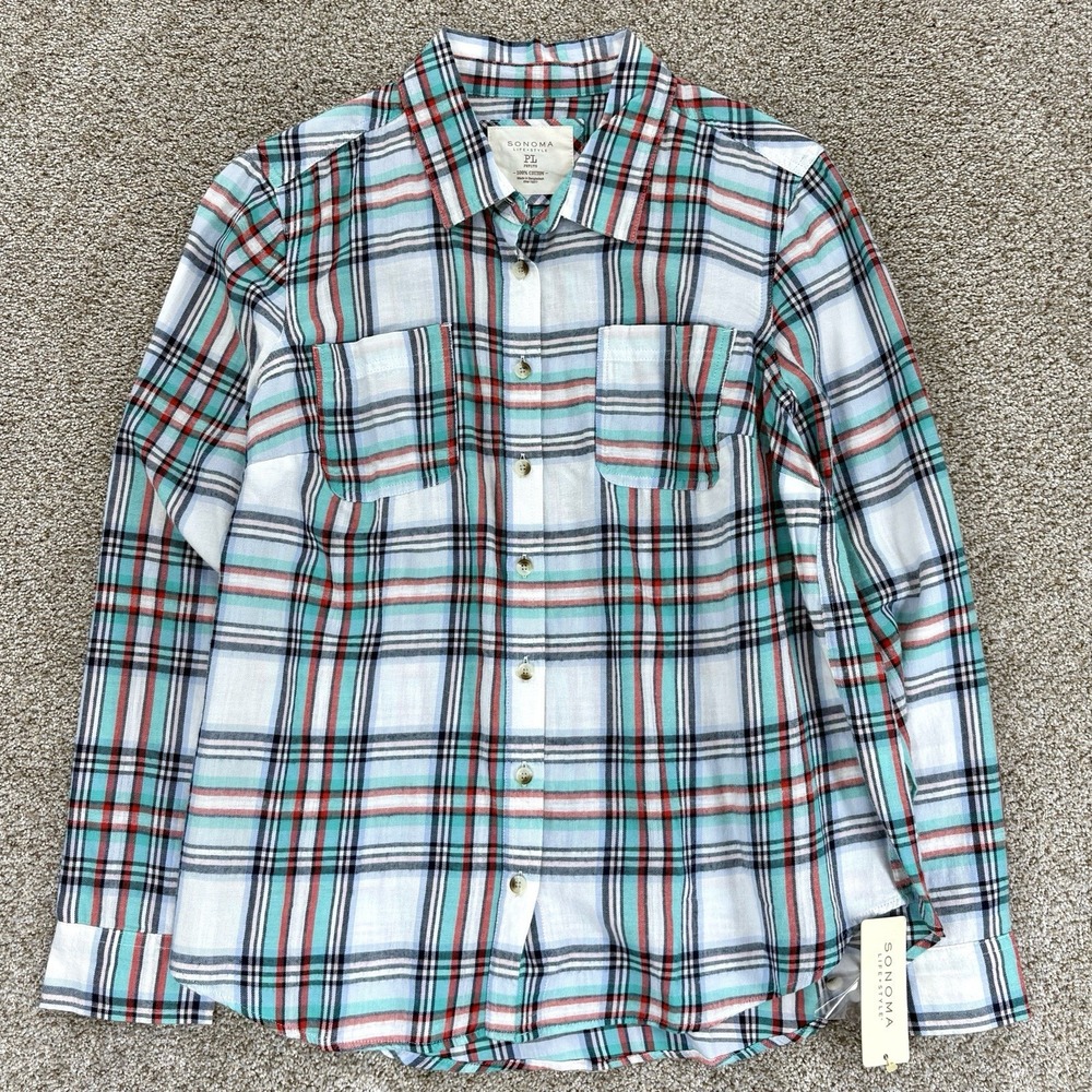Sonoma LifeStyle Flannel Button-Up Shirt Women PL Blue Plaid Coastal Coverup NWT